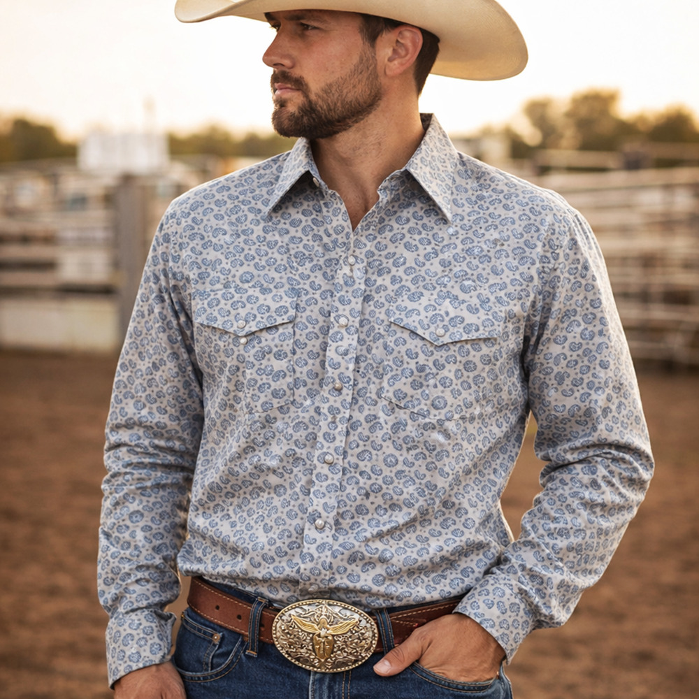Mens Western Paisley Button Down Shirt‎ Gray Blue Cowboy Rodeo Snap S